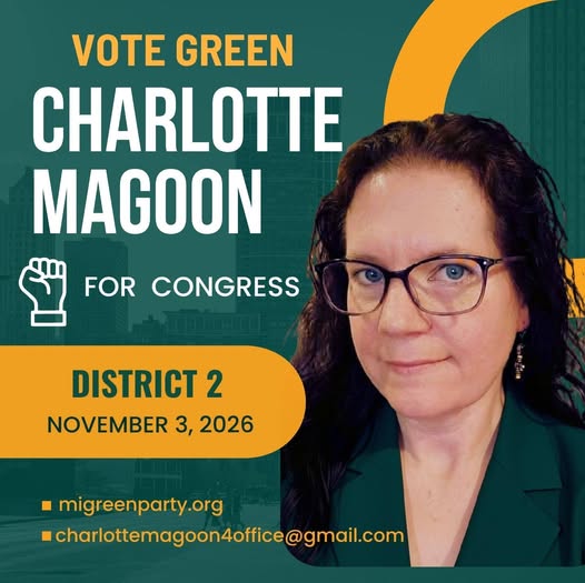 Campaign poster for Charlotte Magoon, a candidate for Congress, featuring her photo, the text 'Vote Green,' and election details for District 2 on November 3, 2026.